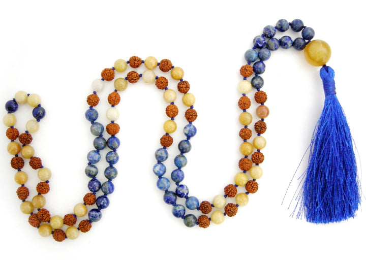 Rudraksha Beads Lapis Lazuli Gemstone and Yellow Aventurine Gemstone Beads Healing Mala Necklace | 108 Beads Chakra Mala Rosary