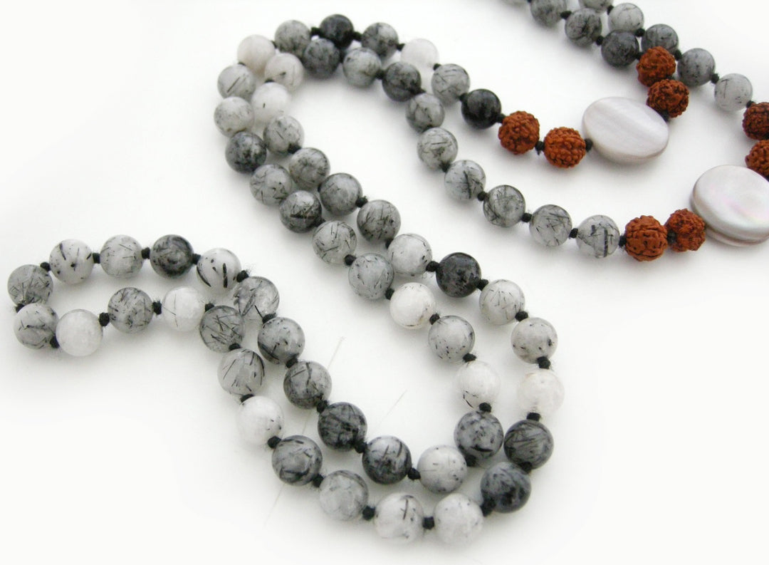  Black Onyx Gem and Moonstone Beads Healing Mala Necklace | 108 Smooth Round Beads Handknotted Chakra Mala Rosary with Black Tassel