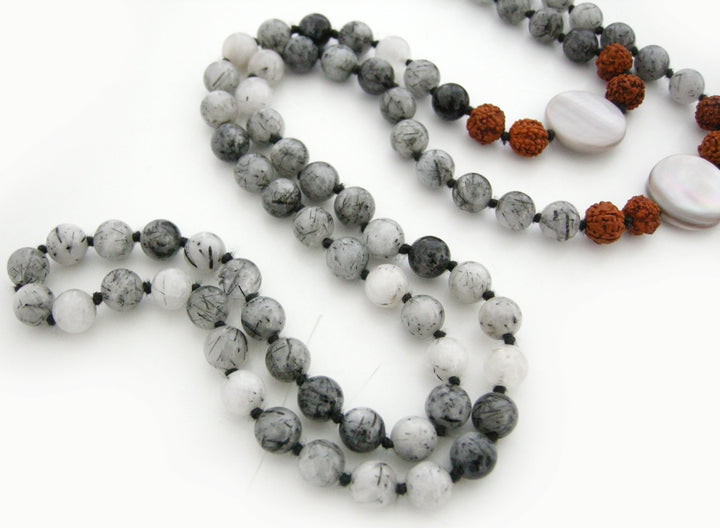  Black Onyx Gem and Moonstone Beads Healing Mala Necklace | 108 Smooth Round Beads Handknotted Chakra Mala Rosary with Black Tassel