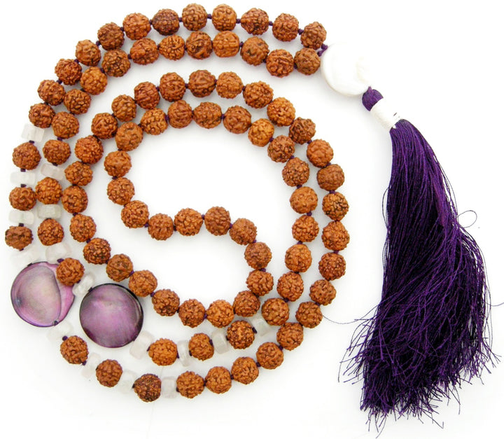 Rudraksha Beads and Moonstone Button Gemstone Beads Healing Mala Necklace | 108 Smooth Round Beads Chakra Mala Rosary handknotted with Silk Tassel
