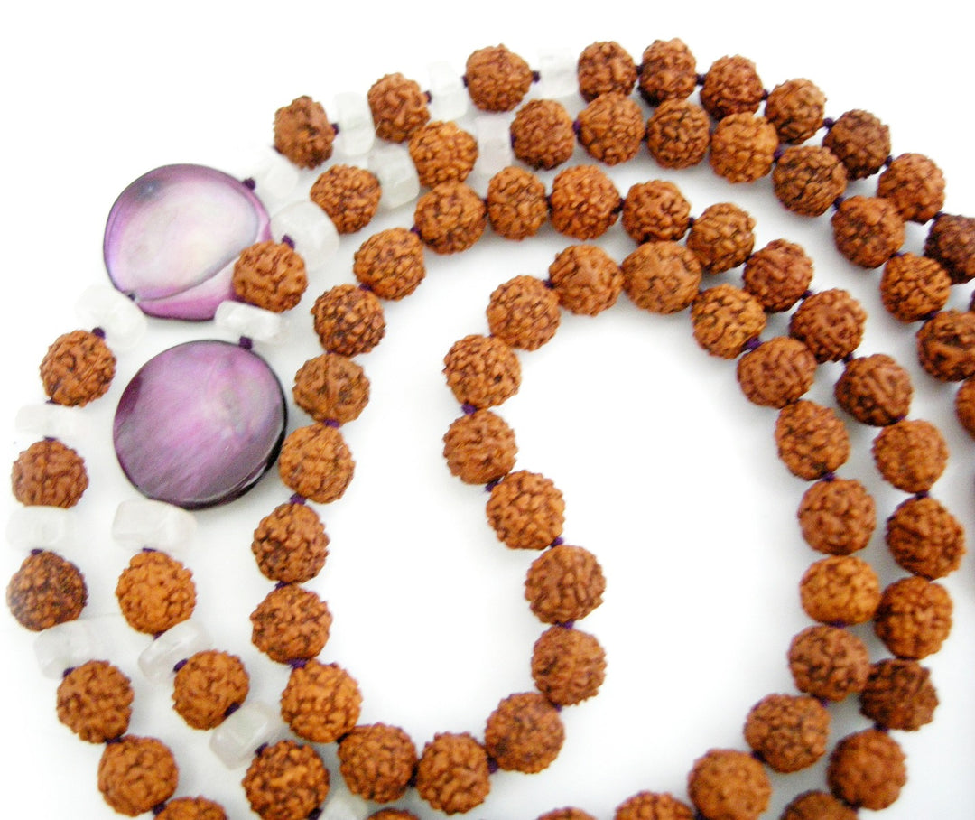 Rudraksha Beads and Moonstone Button Gemstone Beads Healing Mala Necklace | 108 Smooth Round Beads Chakra Mala Rosary handknotted with Silk Tassel