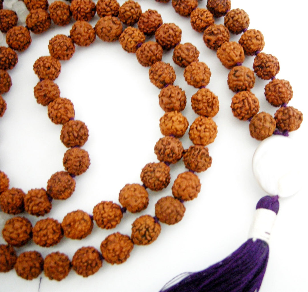 Rudraksha Beads and Moonstone Button Gemstone Beads Healing Mala Necklace | 108 Smooth Round Beads Chakra Mala Rosary handknotted with Silk Tassel