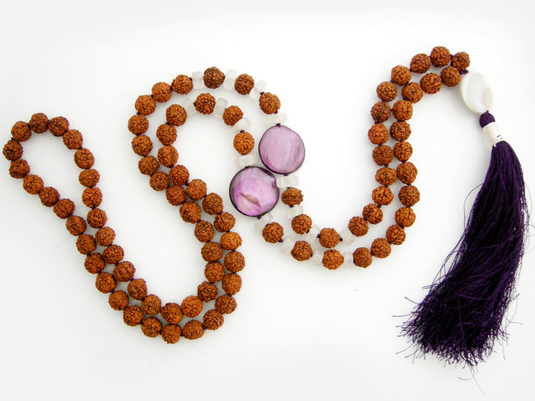 Rudraksha Beads and Moonstone Button Gemstone Beads Healing Mala Necklace | 108 Smooth Round Beads Chakra Mala Rosary handknotted with Silk Tassel