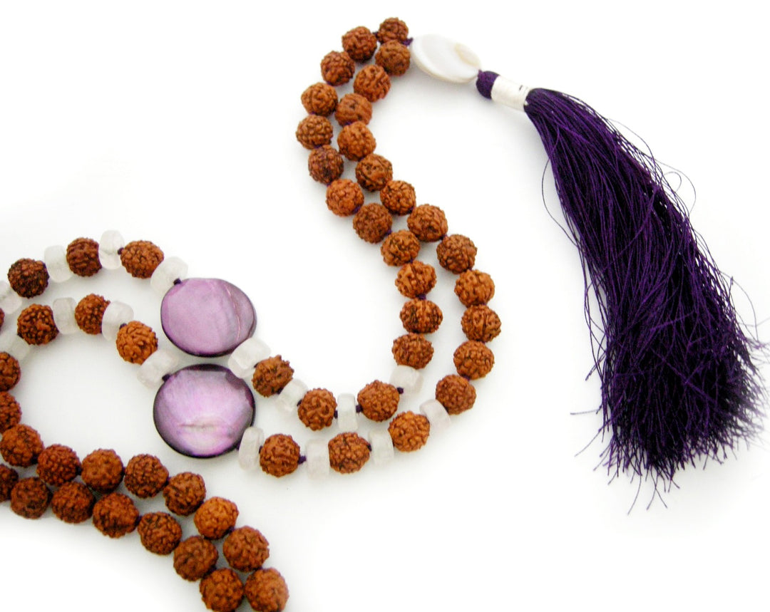 Rudraksha Beads and Moonstone Button Gemstone Beads Healing Mala Necklace | 108 Smooth Round Beads Chakra Mala Rosary handknotted with Silk Tassel