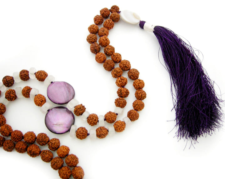 Rudraksha Beads and Moonstone Button Gemstone Beads Healing Mala Necklace | 108 Smooth Round Beads Chakra Mala Rosary handknotted with Silk Tassel