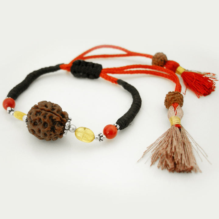 Aries Zodiac Sun Sign Wrist Band | Mesha ( Mesh ) Rashi Thread Bracelet | A Combination of 3 Mukhi Rudraksha Bead with Coral & Golden Topaz Gemstone Beads in Silver | Energised Mala Bracelet