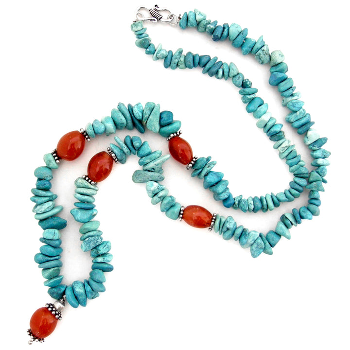 Orange Carnelian Gemstone Beads - Blue Turquoise Chips Beads Stone Necklace with silver Accessories