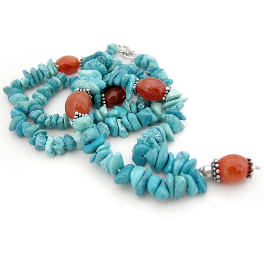 Orange Carnelian Gemstone Beads - Blue Turquoise Chips Beads Stone Necklace with silver Accessories 
