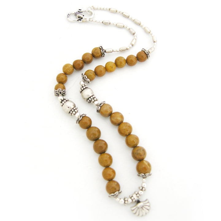 Natural Camel Agate Gemstone Necklace | Yellow Camel Agate ( Hakik ) Smooth round Beads mala Necklace with silver accessories