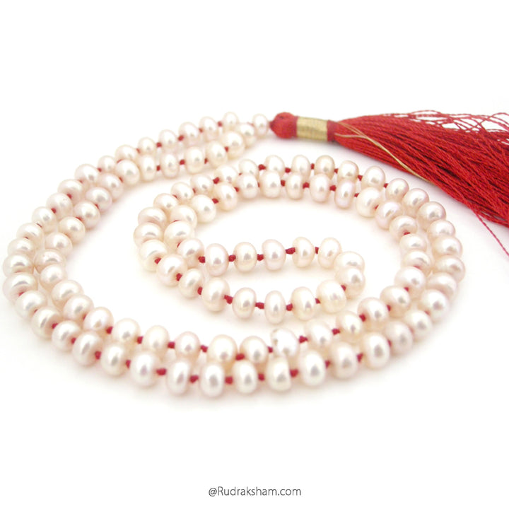 Pearl Mala | White Pearl Gemstone Necklace | 108 + 1 Beads Pearl Stone Handknotted Prayer Rosary | Moon Mala Necklace | Chakra Mala