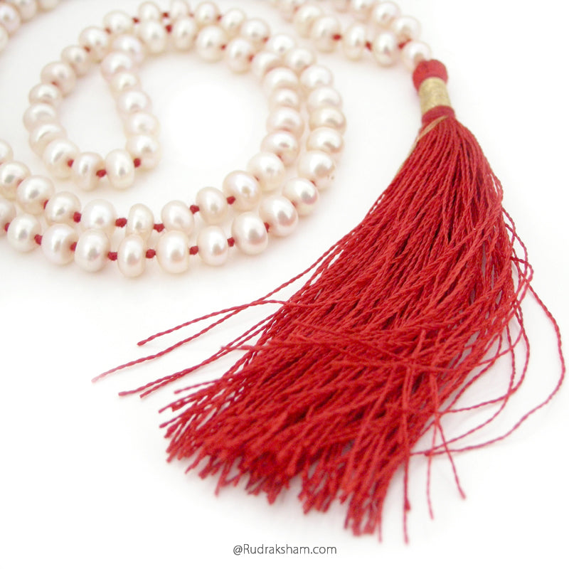 Pearl Mala | White Pearl Gemstone Necklace | 108 + 1 Beads Pearl Stone Handknotted Prayer Rosary | Moon Mala Necklace | Chakra Mala