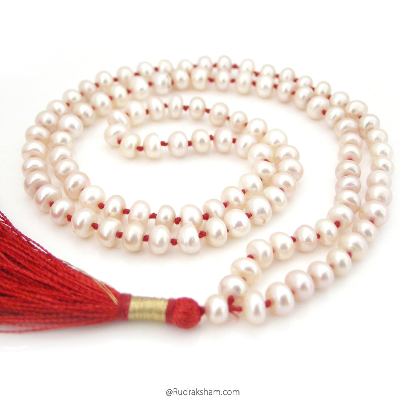 Pearl Mala | White Pearl Gemstone Necklace | 108 + 1 Beads Pearl Stone Handknotted Prayer Rosary | Moon Mala Necklace | Chakra Mala