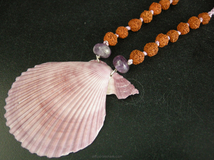  Scallop Shell Pendant with Rudraksha Purple Cord Necklace