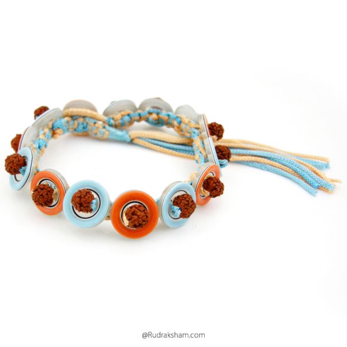 Rudraksha and Buttons mala Bracelet in colorful threads, Wholesale Pack of wrist bands 5 Mukhi ( Paanch ) Rudraksha Bead and Red Sandalwood / Lal Chandan beads