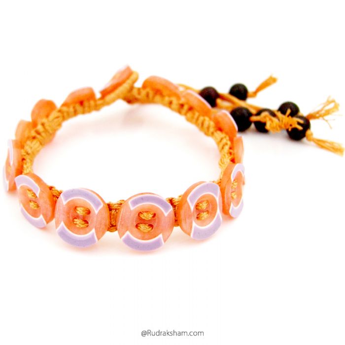 Rudraksha and Buttons mala Bracelet in colorful threads, Wholesale Pack of wrist bands 5 Mukhi ( Paanch ) Rudraksha Bead and Red Sandalwood / Lal Chandan beads