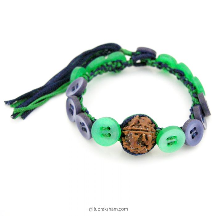 Rudraksha and Buttons mala Bracelet in colorful threads, Wholesale Pack of wrist bands 5 Mukhi ( Paanch ) Rudraksha Bead and Red Sandalwood / Lal Chandan beads
