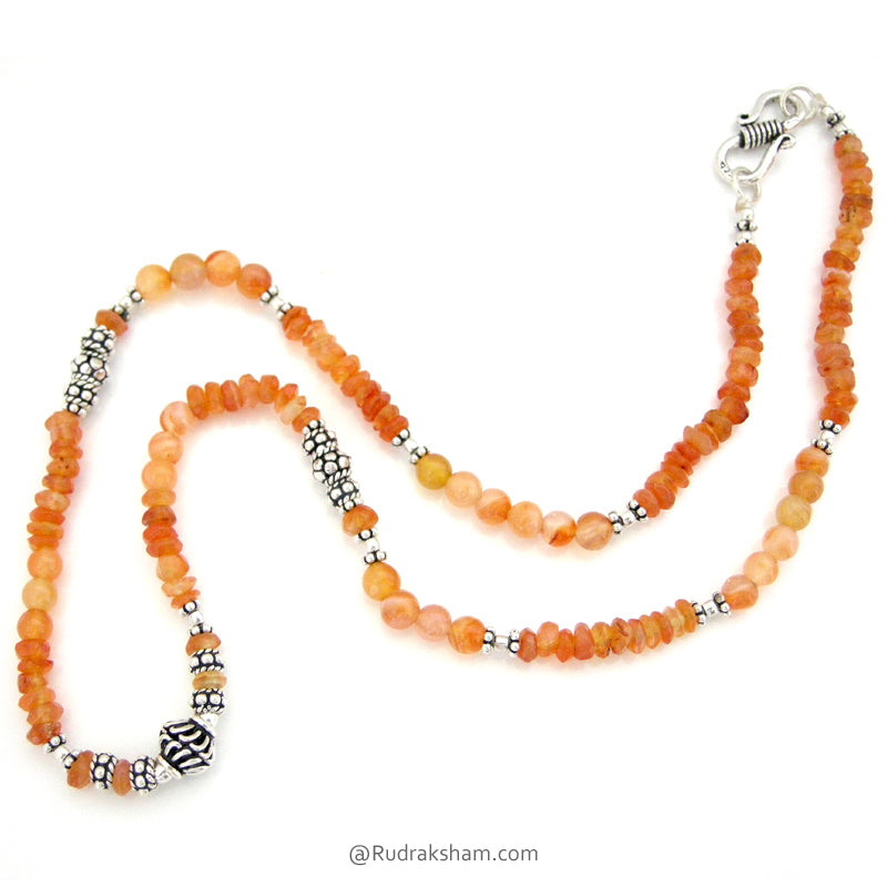  Orange Carnelian Gemstone Beads Mala Necklace with Silver Accessories