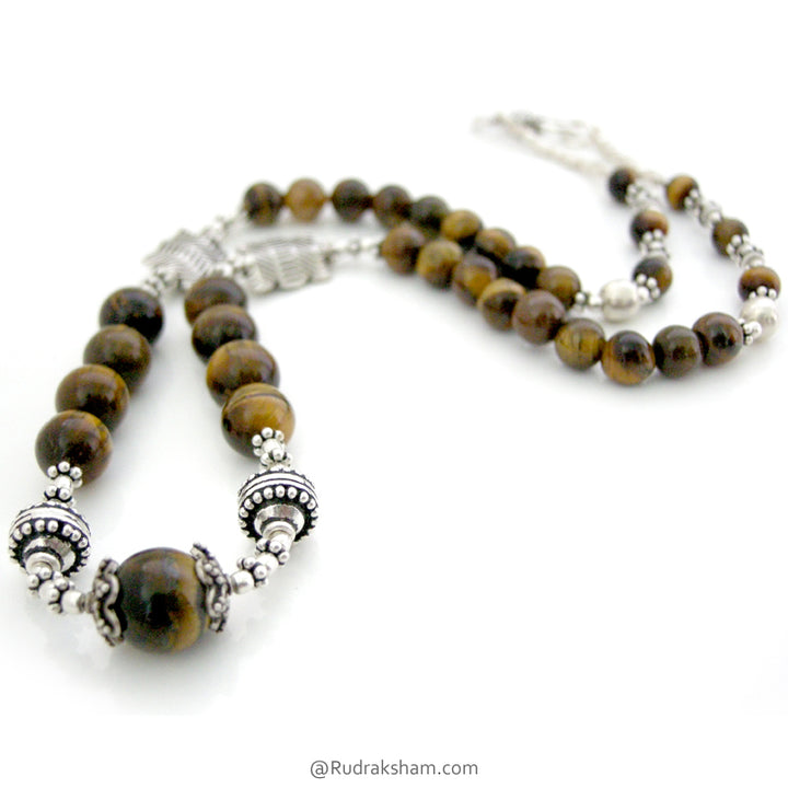  Original Tiger Eye Round Beads Mala | Rahu Mala | Tiger Eye Gemstone Necklace with Silver Accessories