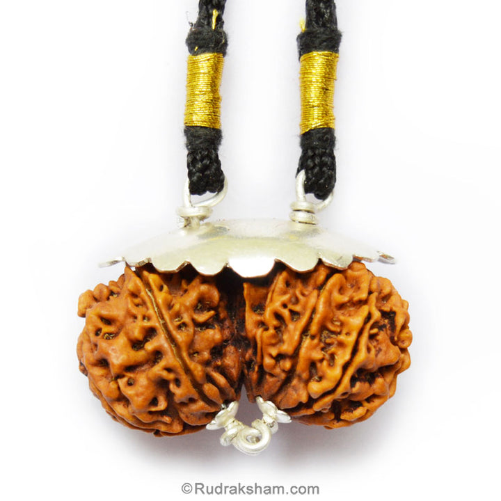 Collector Gauri Shankar Rudraksha Bead Pendant for Meditation from Nepal, Shiv Parvati Rudraksha Bead Pendant in Silver Caps