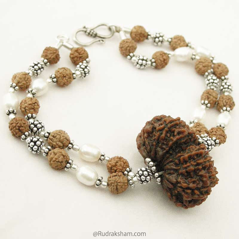 Gauri Shankar Pearl Beads Double Strand Bracelet | Gauri Shankar Nepal Rudraksha Silver Bracelet with Pearl | Shiva Parvati Bead with Pearl in Wrist Bracelet with Silver Accessories