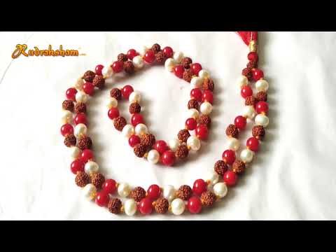  Rudraksha-Pearl-Coral Mala Thread | Rudraksha Moti Moonga Round Beads Necklace | 108 beads Rosary