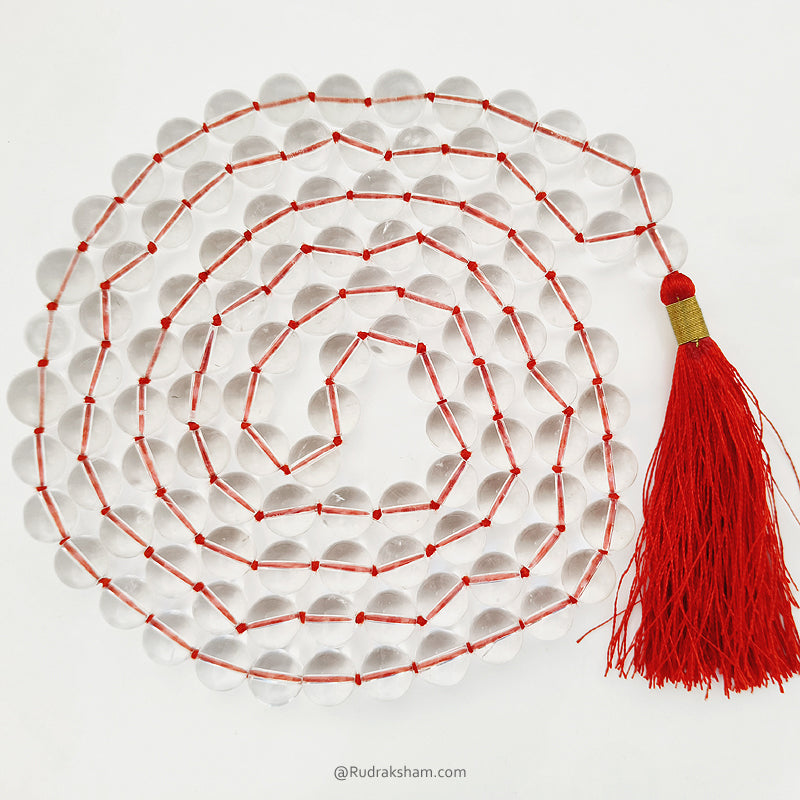 12 mm Natural Sphatik Mala 108 + 1 Beads | Original High Quality Clear Plain Beads Crystal / Quartz Stone Rosary | Smooth Round Beads Crystal Gemstone Mala Necklace