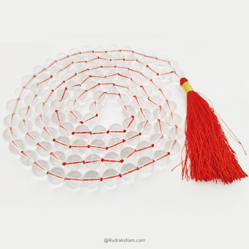 12 mm Natural Sphatik Mala 108 + 1 Beads | Original High Quality Clear Plain Beads Crystal / Quartz Stone Rosary | Smooth Round Beads Crystal Gemstone Mala Necklace