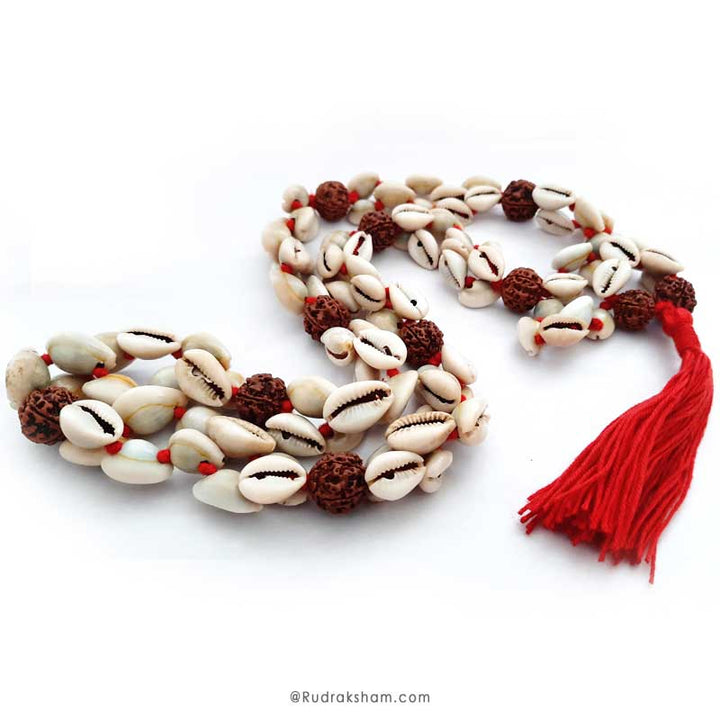 Rudraksha - Kauri Mala | Cowry Necklace | Cowrie Shell Beads Rudraksha Rosary | Rudraksha Kaudi Necklace | 2 Line kaudi Mala
