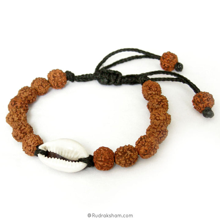 Rudraksha Beads and Kaudi - Cowry Shell Wrist Band, Wholesale Gift Pack of 10 mm Rudraksha and Kauri Shell / Cowrie adjustable Wrist Mala Bracelets in Black Thread