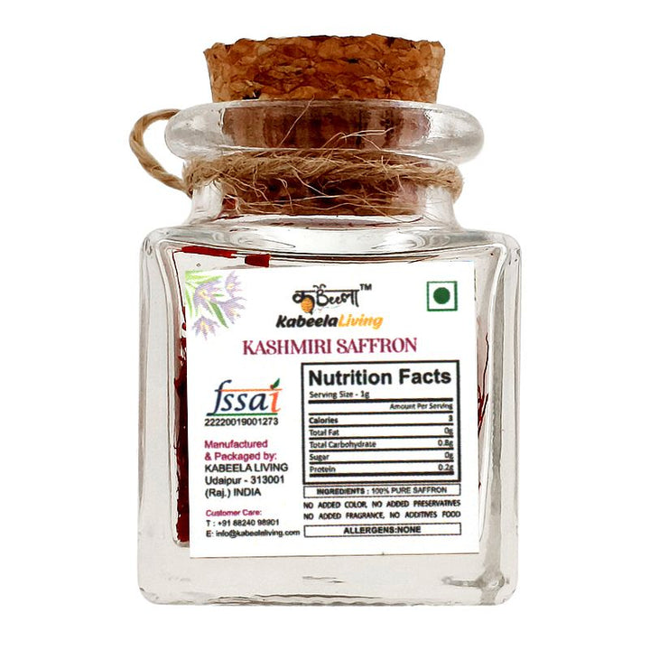 Kabeela Living Kashmiri Mongra Saffron | Kashmir Kesar | Pure Natural & Finest Saffron Threads in Glass bottle with wooden Cork | 3 Gram