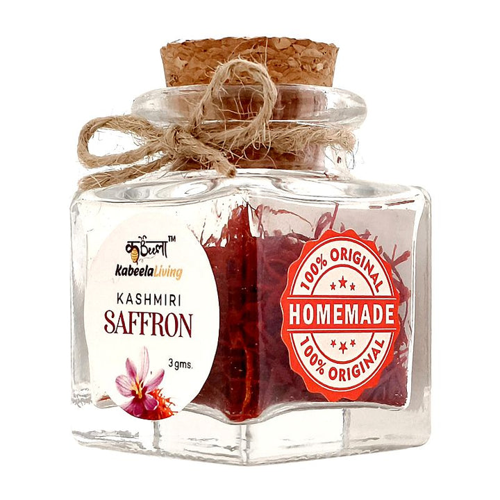Kabeela Living Kashmiri Mongra Saffron | Kashmir Kesar | Pure Natural & Finest Saffron Threads in Glass bottle with wooden Cork | 3 Gram