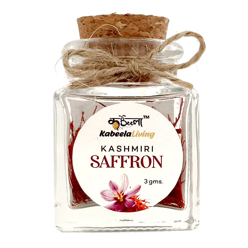 Kabeela Living Kashmiri Mongra Saffron | Kashmir Kesar | Pure Natural & Finest Saffron Threads in Glass bottle with wooden Cork | 3 Gram