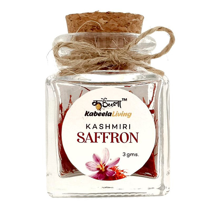 Kabeela Living Kashmiri Mongra Saffron | Kashmir Kesar | Pure Natural & Finest Saffron Threads in Glass bottle with wooden Cork | 3 Gram