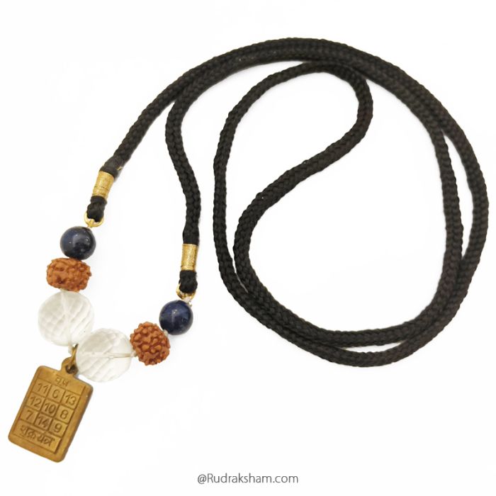 Taurus Sun Sign Zodiac Brass Yantra Pendant | Vrishabh (Vrishabha) Rashi / Venus Pendant | A Combination of 6 Mukhi Rudraksha Beads, Diamond Cut Sphatik and Lapis Lazuli Gemstone Beads