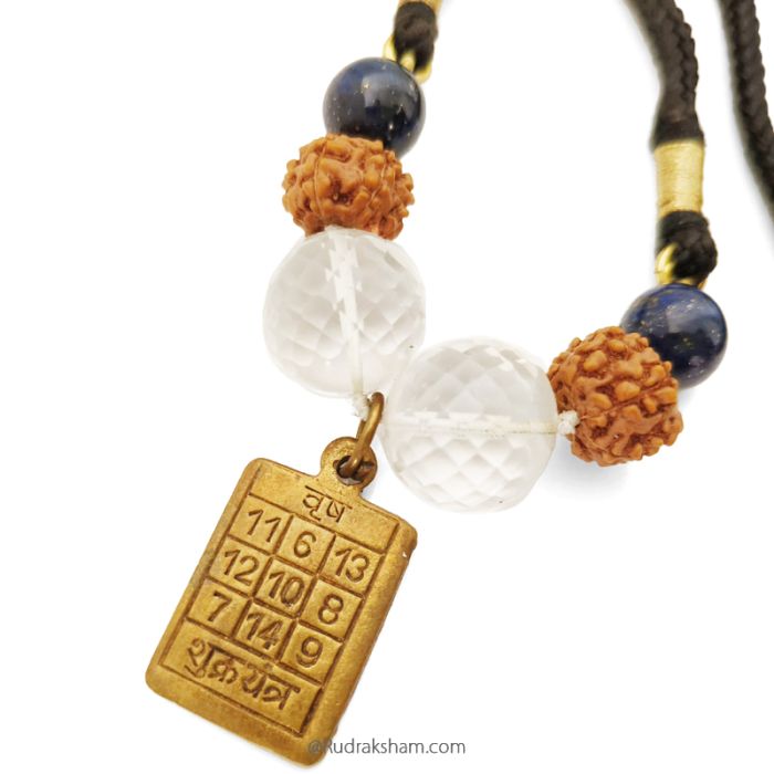 Taurus Sun Sign Zodiac Brass Yantra Pendant | Vrishabh (Vrishabha) Rashi / Venus Pendant | A Combination of 6 Mukhi Rudraksha Beads, Diamond Cut Sphatik and Lapis Lazuli Gemstone Beads