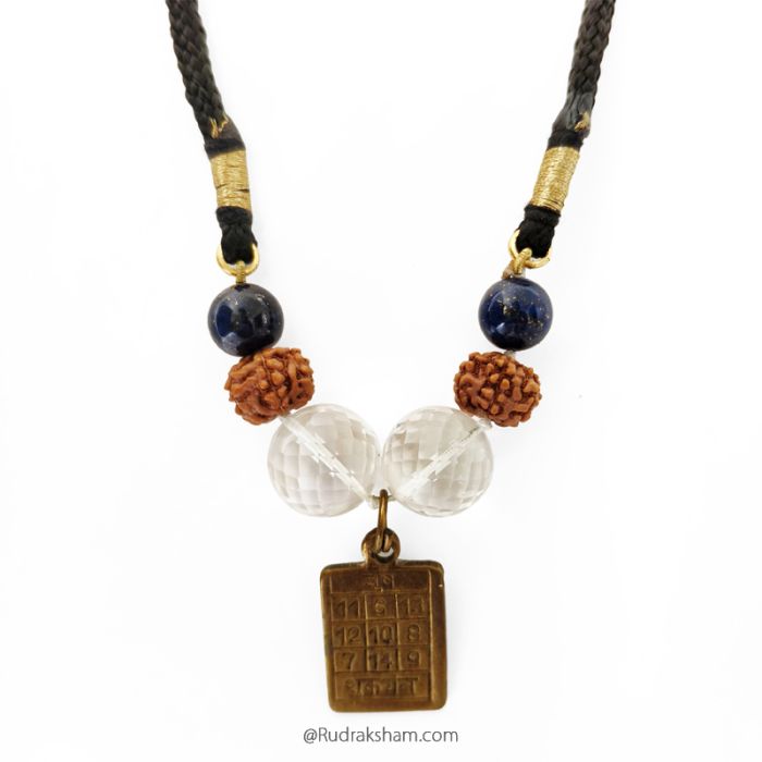 Taurus Sun Sign Zodiac Brass Yantra Pendant | Vrishabh (Vrishabha) Rashi / Venus Pendant | A Combination of 6 Mukhi Rudraksha Beads, Diamond Cut Sphatik and Lapis Lazuli Gemstone Beads