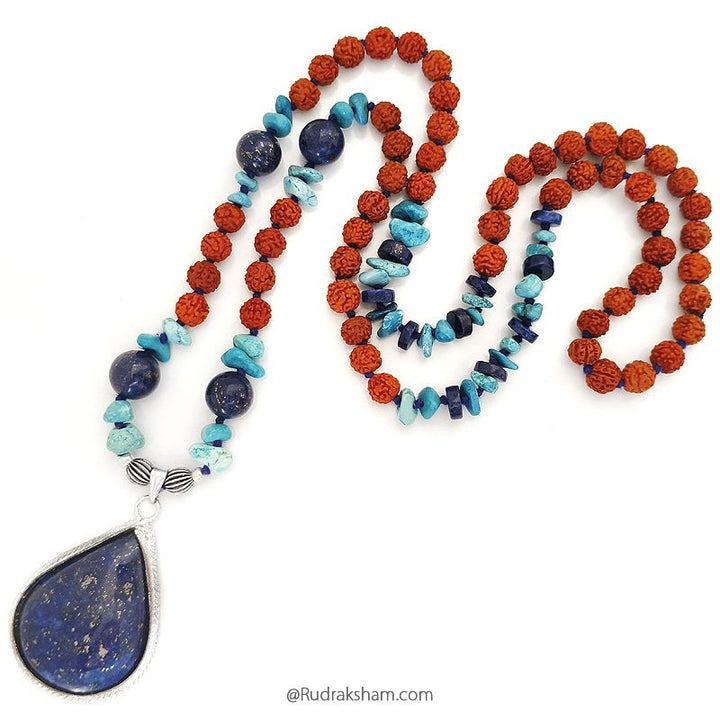 Lapis Lazuli Beads - Turquoise Chips beads - Rudraksha Beads Necklace with Lapis Lazuli Gem Pendant, Handknotted mala in Blue thread