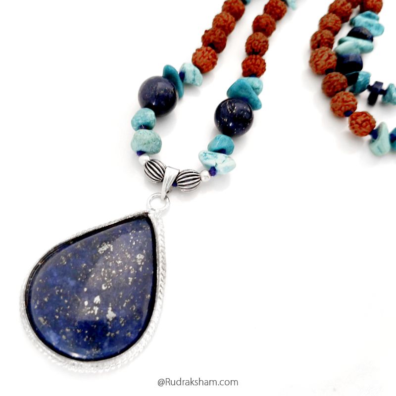 Lapis Lazuli Beads - Turquoise Chips beads - Rudraksha Beads Necklace with Lapis Lazuli Gem Pendant, Handknotted mala in Blue thread