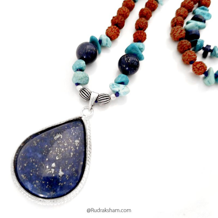 Lapis Lazuli Beads - Turquoise Chips beads - Rudraksha Beads Necklace with Lapis Lazuli Gem Pendant, Handknotted mala in Blue thread