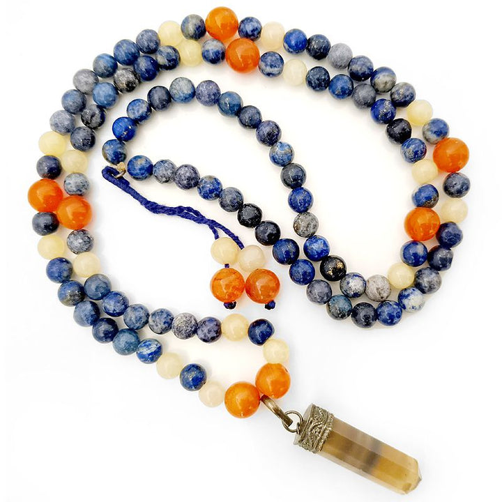 Smoky Quartz Pencil Pendant with Carnelian, Lapis Lazuli and Aventurine Gemstone Beads Necklace in Thread | Smoky Quartz Dowsing Pendant