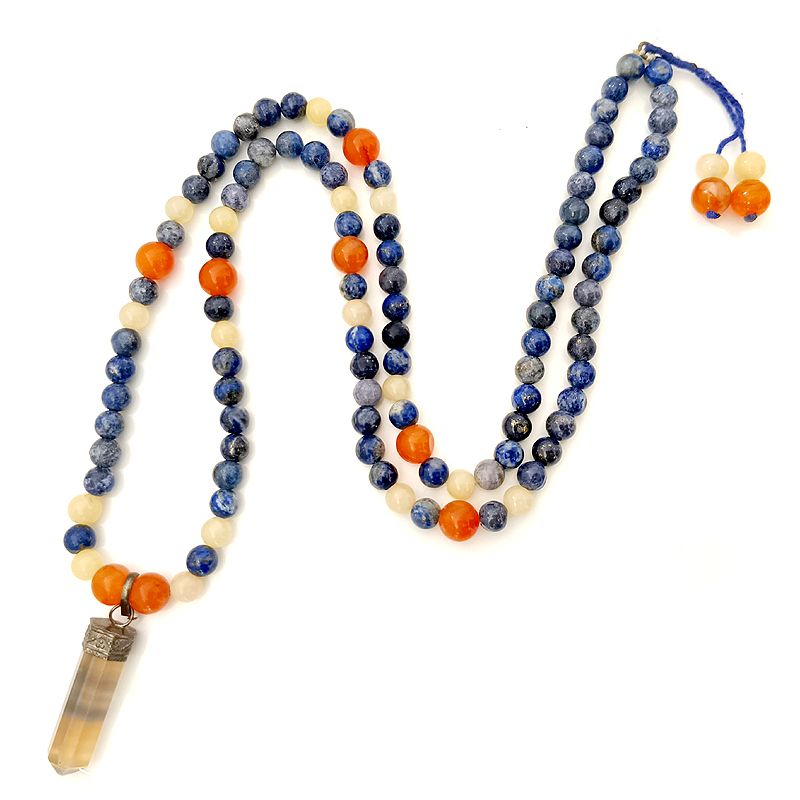 Smoky Quartz Pencil Pendant with Carnelian, Lapis Lazuli and Aventurine Gemstone Beads Necklace in Thread | Smoky Quartz Dowsing Pendant