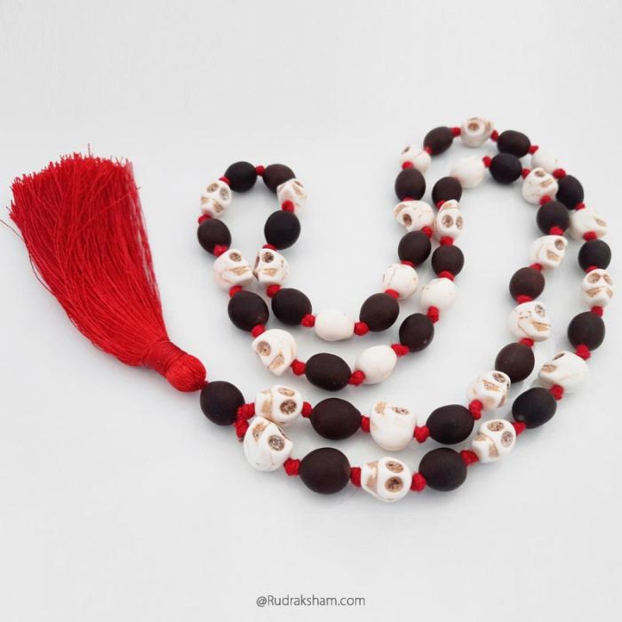 Skull Beads and Lotus Seed Bead Mala Rosary, Mund and Kamal Gatta Beads Mala Rosary in Thread with Silk Tassel