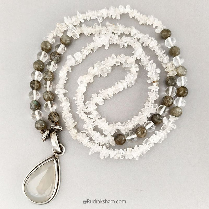Labradorite Smooth Round Beads and Sphatik ( Crystal ) Gemstone Necklace with Grey Moonstone Silver Pendant | Quartz Chips and Round Beads