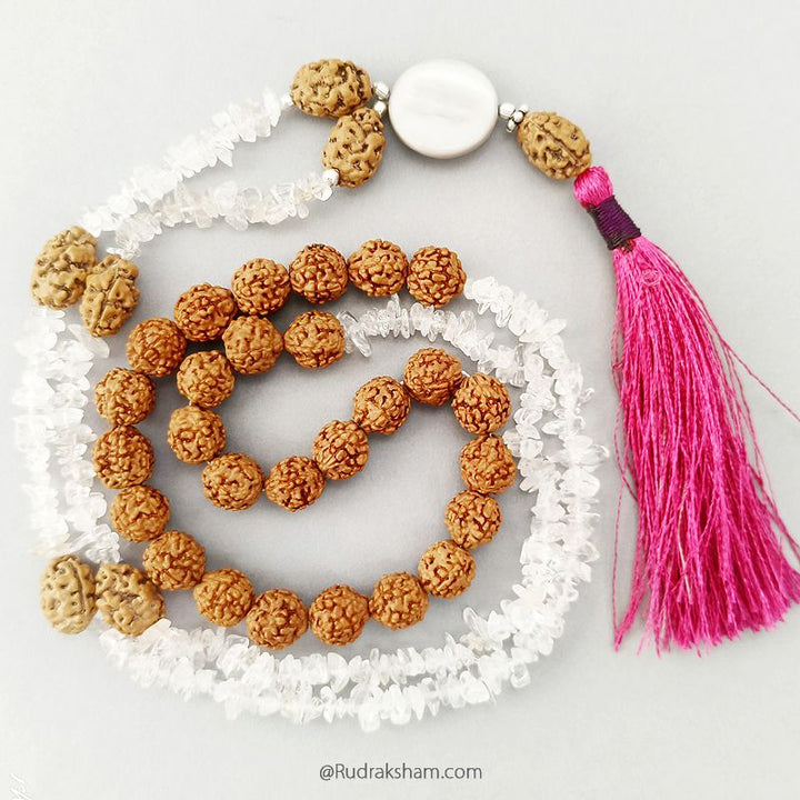 2 Mukhi and Moonstone Mala for Moon | Two / Do Mukhi Rudraksha Beads Moonstone Combination Mala Rosary Hand knotted in Thread With 5 Mukhi Rudraksha Beads, Chandra Mala / Moon Mala