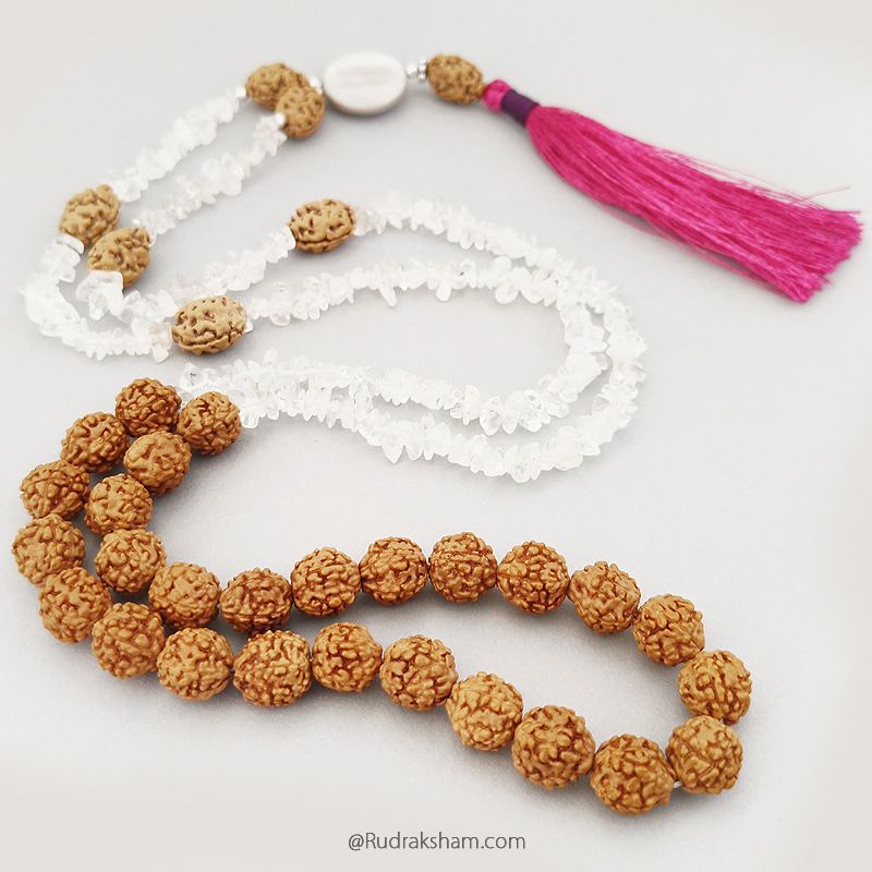 2 Mukhi and Moonstone Mala for Moon | Two / Do Mukhi Rudraksha Beads Moonstone Combination Mala Rosary Hand knotted in Thread With 5 Mukhi Rudraksha Beads, Chandra Mala / Moon Mala