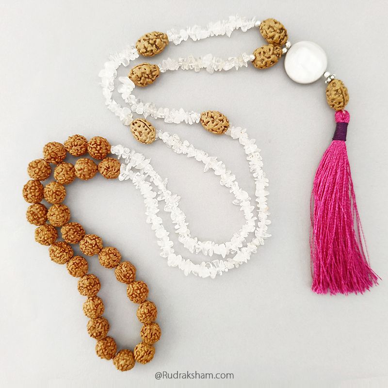 2 Mukhi and Moonstone Mala for Moon | Two / Do Mukhi Rudraksha Beads Moonstone Combination Mala Rosary Hand knotted in Thread With 5 Mukhi Rudraksha Beads, Chandra Mala / Moon Mala
