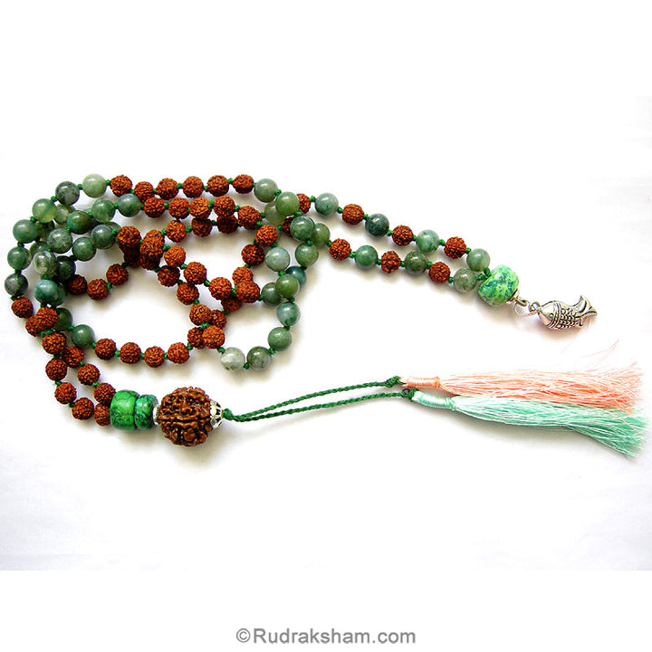  Moss Agate and Turquoise bead Silver Necklace with Fish Pendant