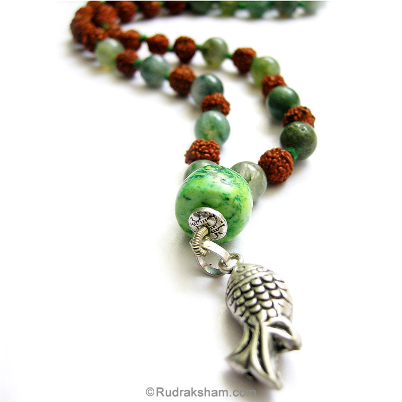  Moss Agate and Turquoise bead Silver Necklace with Fish Pendant