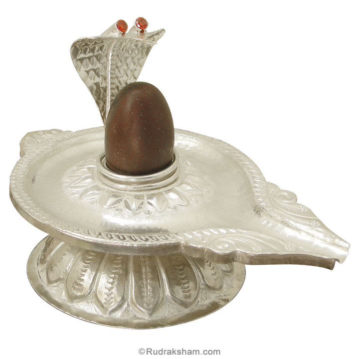 Narmadeshwar Shivling in Copper Jalhari and snake with Silver Polish, Brown Narmadeshwar Shivalingam Silver Polish Jaladhari
