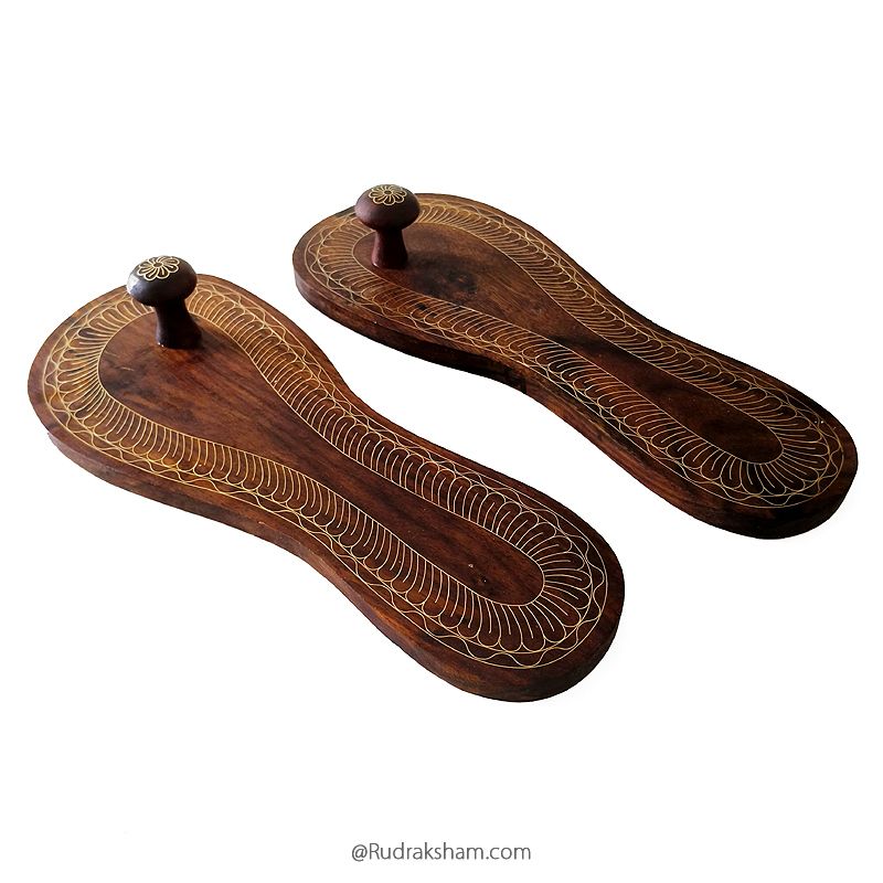 10 Inches Charan Paduka Brass, Traditional Wooden Charan Paduka with Brass Inlay Work for Sadhu Saints, Wooden Khadau, Lakshmi Charan